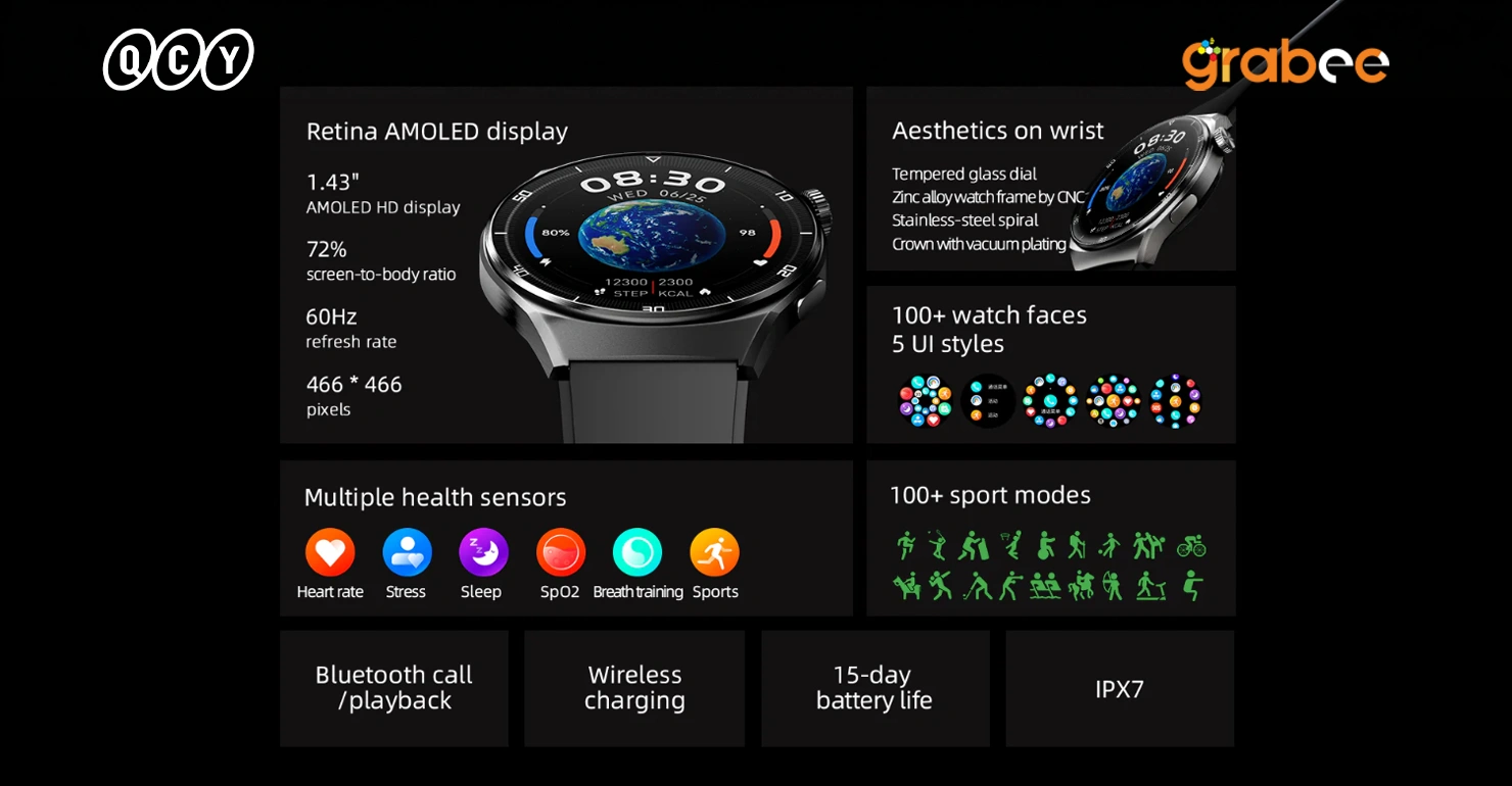 QCY GT2 Smart Watch Display info